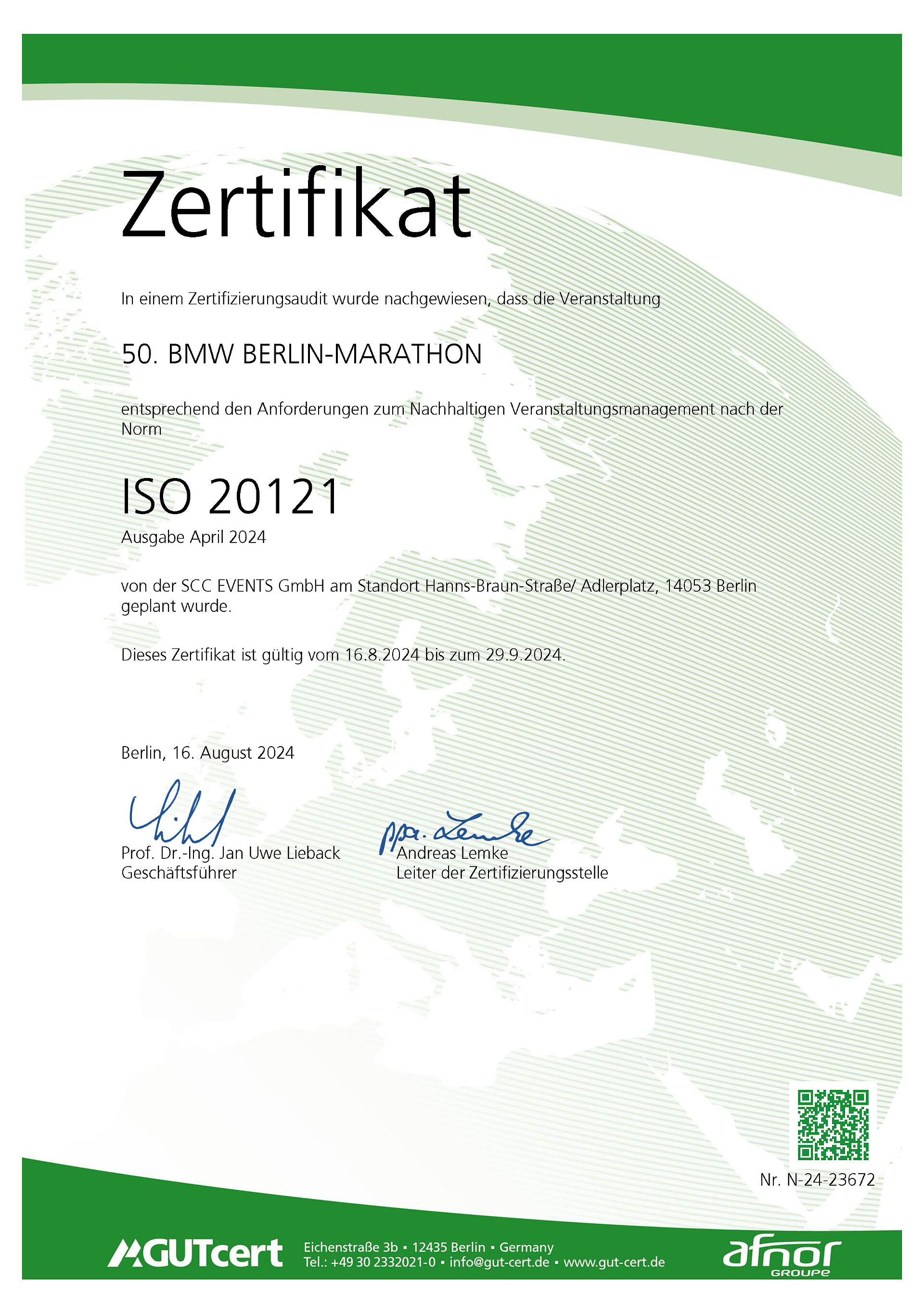 BERLIN MARATAHON ISO 20121:2024 Zertifikat © SCC EVENTS