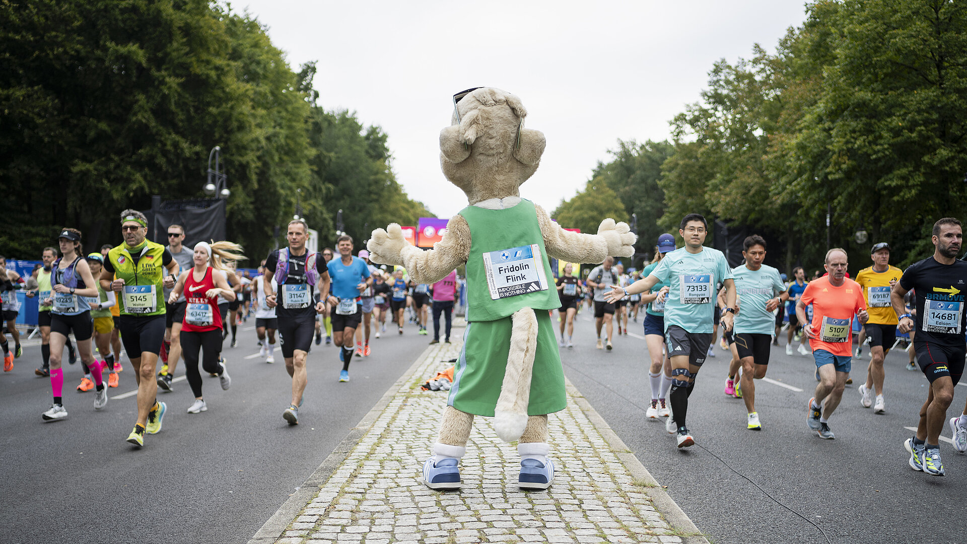 BMW BERLIN-MARATHON: Frido feuert die Teilnehmenden an und klatscht ab © SCC EVENTS / Sebastian Wells